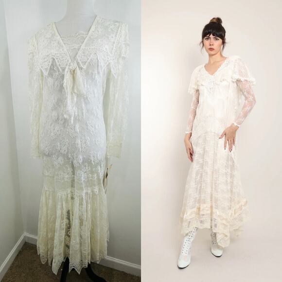 Vintage Dresses & Skirts - NWT Jessica McClintock 80 90s Lace Wedding Long Sleeve Dress 8 Deadstock Vintage